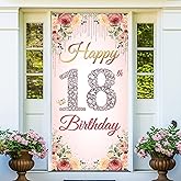 HTDZZI 18th Birthday Decorations for Girls, Happy 18th Birthday Door Banner Backdrop, 18 Year Old Birthday Party Yard Sign Poster Photo Props Rose Gold Pink Decor for Outside Inside, Sturdy, Fabric