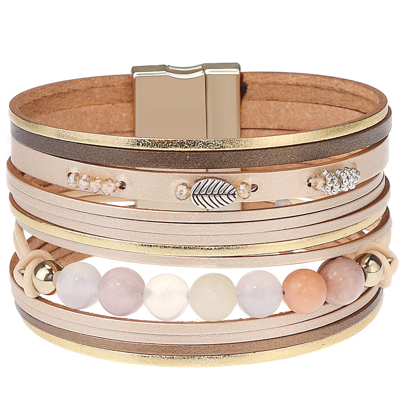 Gleamart Khaki Multilayer Leather Wrap Bracelet Beads Wrist Braided Bangle for Women