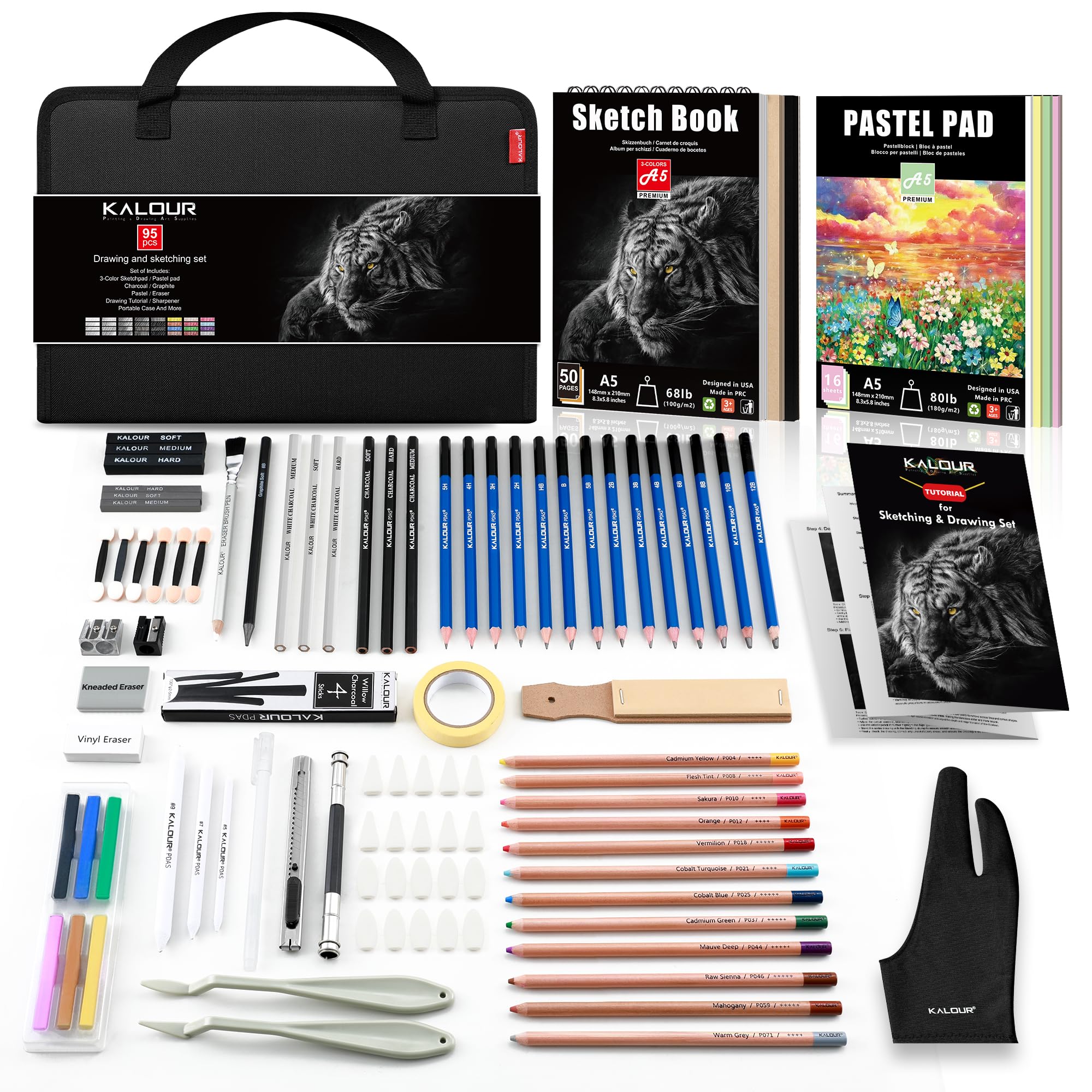 KALOUR 95-Piece Sketching and Drawing Art Set with 3-color Sketch Book and Pastel Paper – Graphite, Charcoal, and Pastel Pencils – Complete Artist Kit for Beginners and Professionals