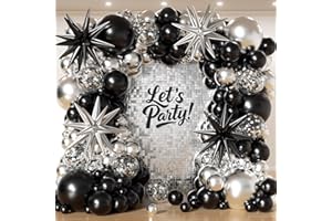PTGOLUO 153Pcs Black and Silver Balloons Garland Arch Kit with Stars - 22 18 12 10 5 inch Different Size Black Metallic Silver Confetti Latex Balloon for Birthday Graduation New Year Party Decorations