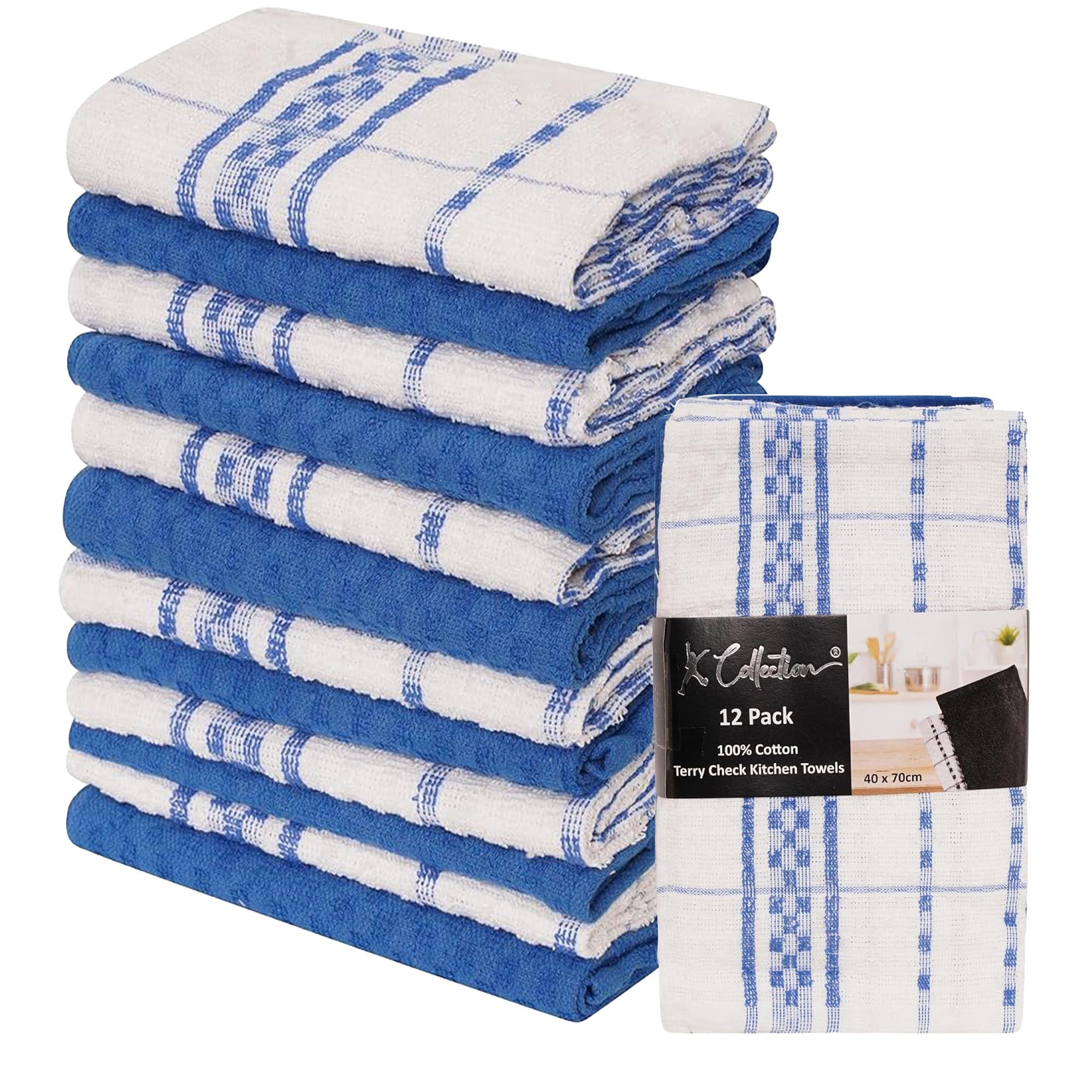 K Collection 12 Pack Check Kitchen Towels - 40 x 70 cm, Blue and White - 100% Ring Spun Cotton (285GSM) Super Soft and Absorbent