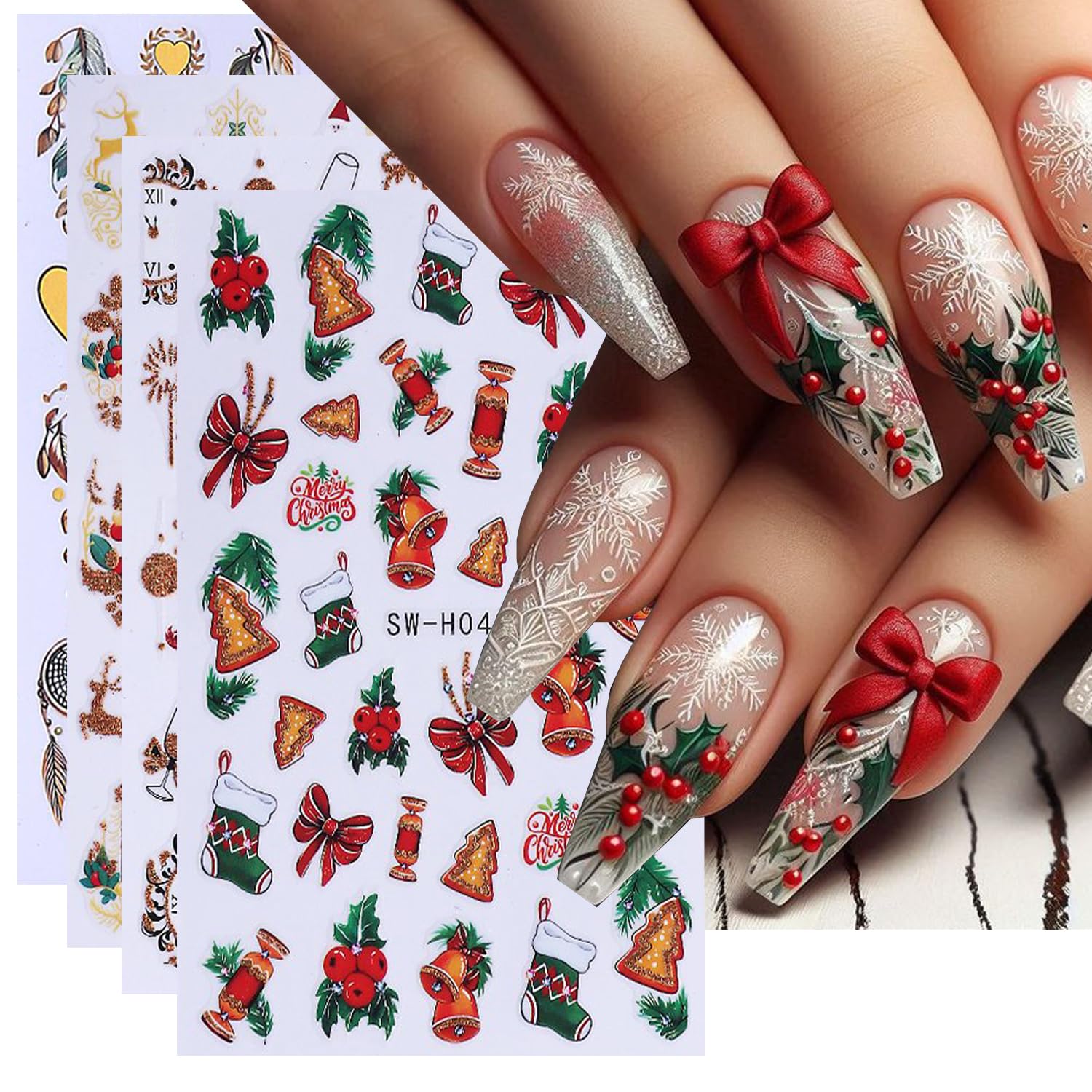 Photo 1 of 4Sheet Christmas Nail Art Stickers Santa Claus Elk Snowflake Nail Decals 3D Self-Adhesive Fireworks Clock Bow Designs Nail Supplies Winter Xmas Nail Sticker Nail Art for Women DIY New Year Nail Decor