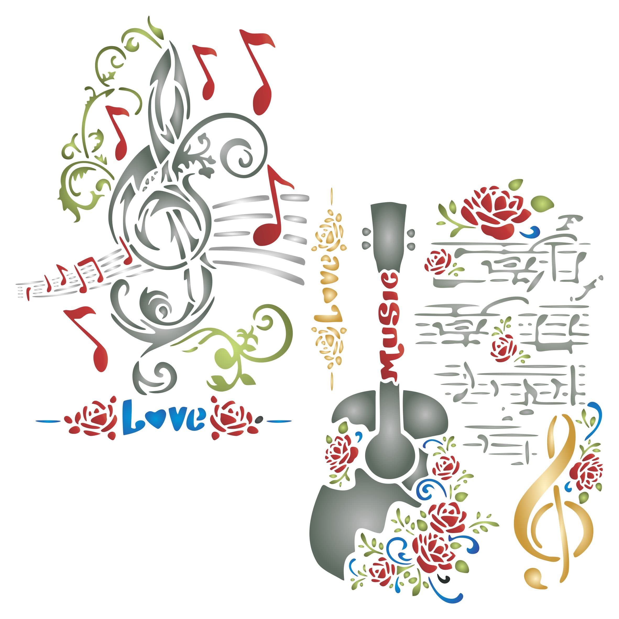 2X Music Stencil, 2pc / 21.5 x 31.7 cm (L) - Use Layering Guitar Flowers Scrolls Music Note Clef to add Texture and Design to Mixed Media Backgrounds Stencils for Painting