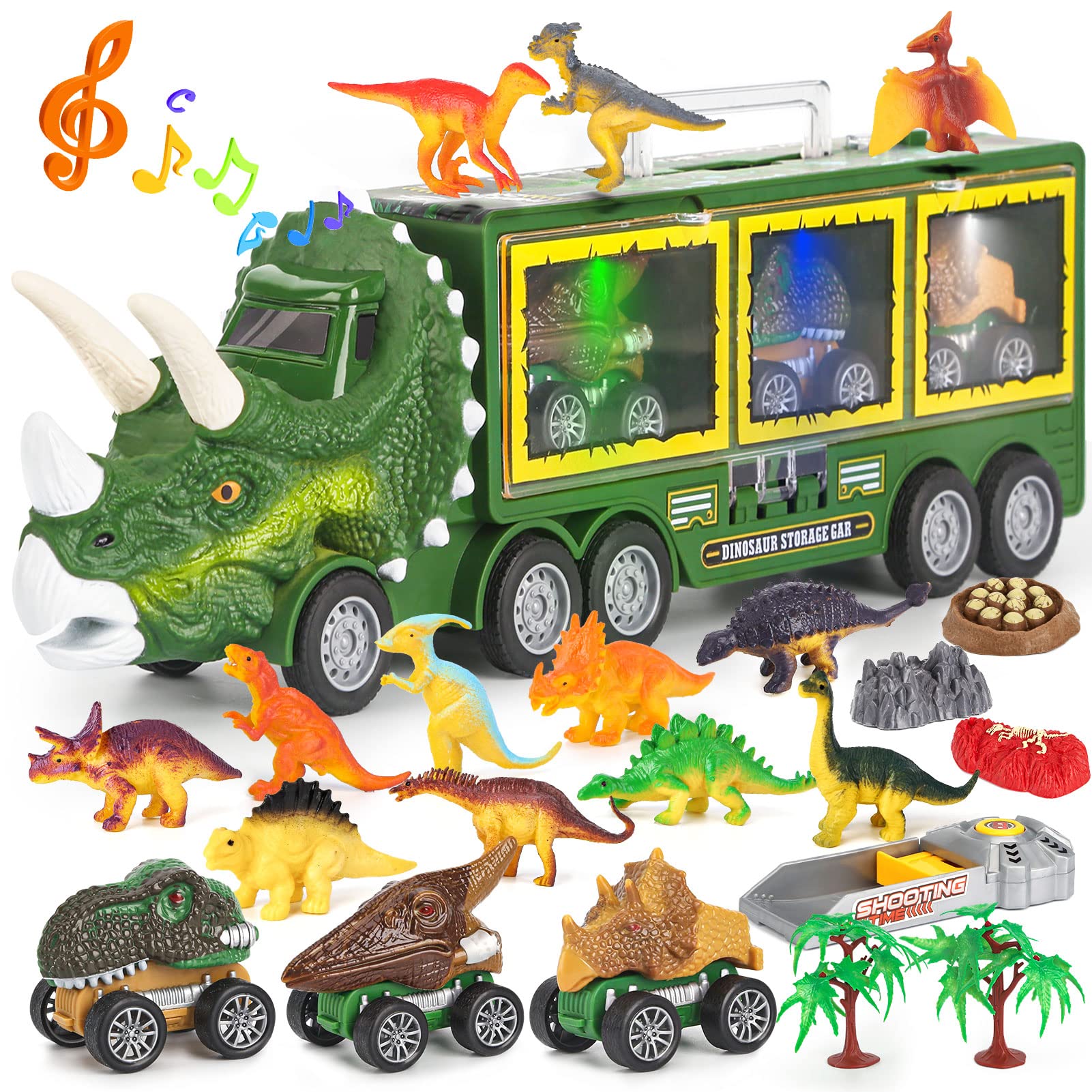 DINORUN Dinosaur Toys for Kids Boys 3 4 5 6 7 Transporter Truck with Light & Sound Pull Back Dinosaur Car Mini Dinosaur Figures for Boys Girls 23PCS