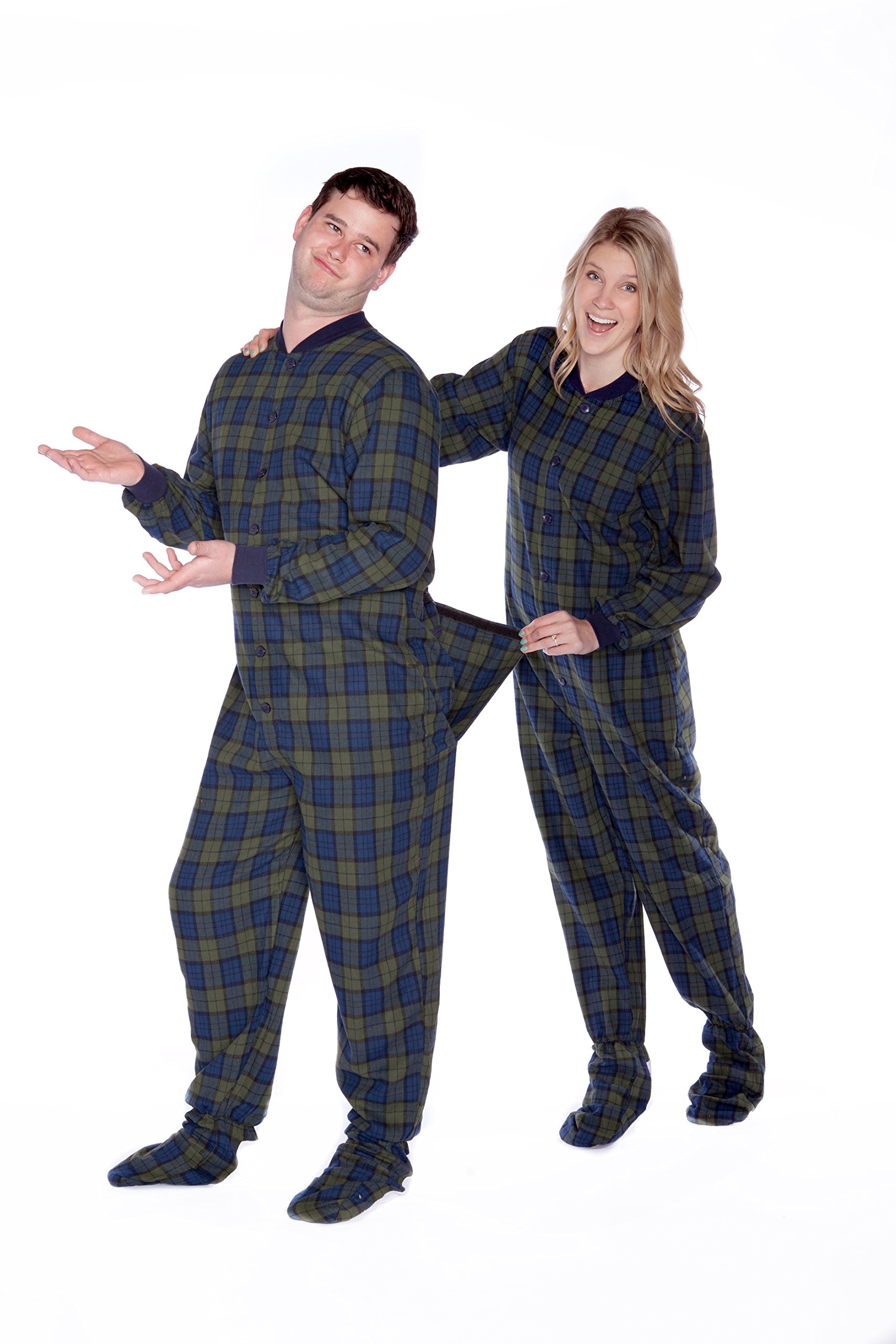 BIG FEET PAJAMA Plaid Cotton Flannel Adult Footie Onesie Drop seat  Pajamas for Men and Women