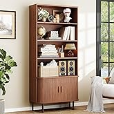 ONBRILL 71" Tall Bookshelf, 4-Tier Bookcase with Storage Cabinet & Adjustable Storage Shelf, Freestanding Wood Bookshelf with Sliding Door and Adjustable Footpad, for Home Office, Living Room, Walnut