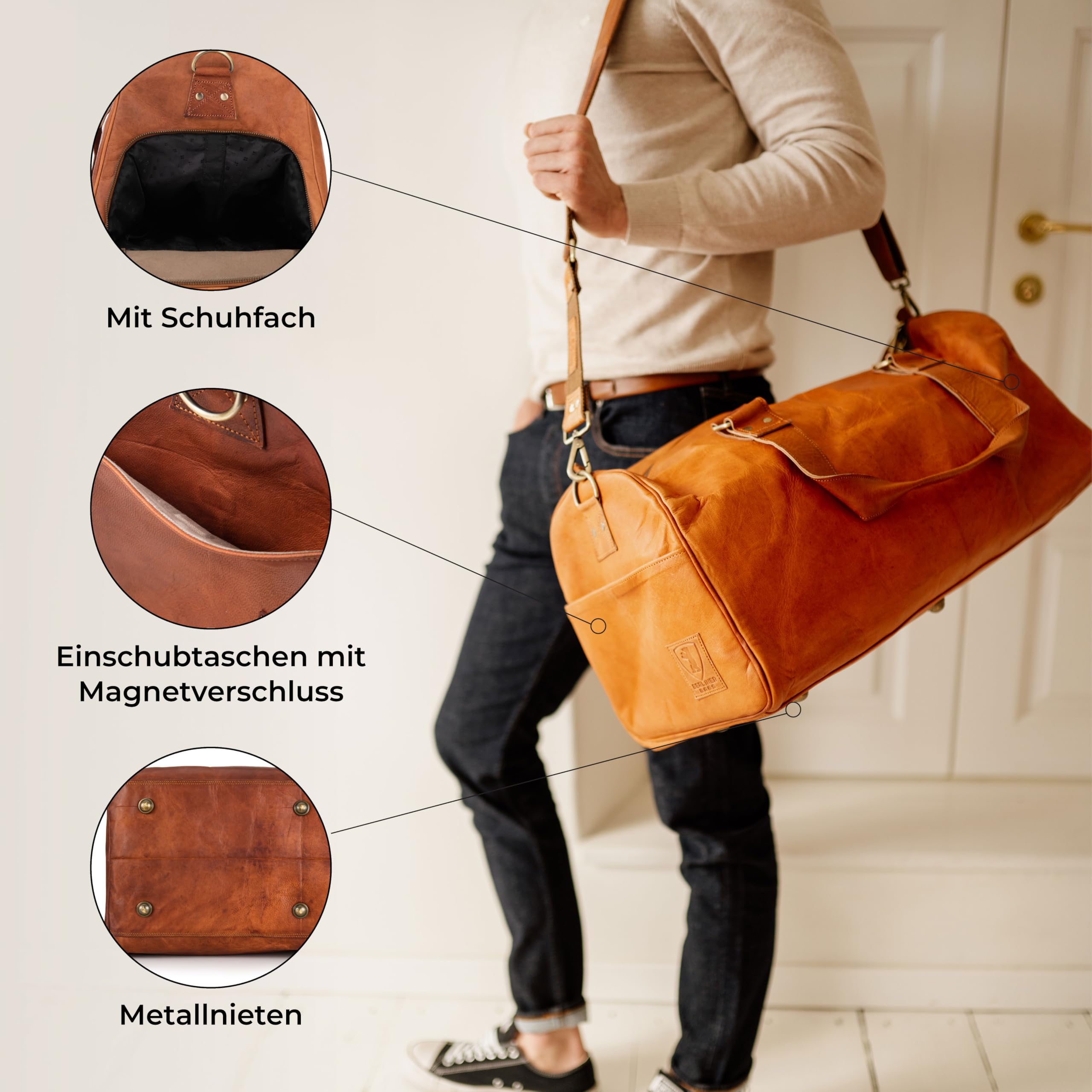 Berliner Bags Vintage Weekender Oslo Reisetasche aus Leder Damen Herren Braun Groß 45l (Mit Schuhfach) 5