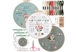 Ohcol 3 Sets Embroidery Kit for Beginners Adults,Easy to Learn 33 Different Stitches DIY Kits,Needlepoint Kits for Adult Hand Crafts Includes Stamped Flower Pattern,Instruction,Hoop,Threads,Tools