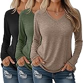 Velvelhall 3 Pack Women's Long Sleeve T Shirts V Neck Raglan Tunic Tops Loose Casual Basic Tee Fall Winter Ladies Outfit
