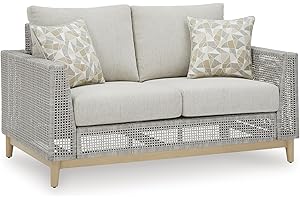 SIGNATURE DEISGN BY ASHLEY Signature Design by Ashley Seton Creek Cottage Weather Resistant Outdoor Loveseat with Cushion and 2 Throw Pillows, Light Brown & Light Gray