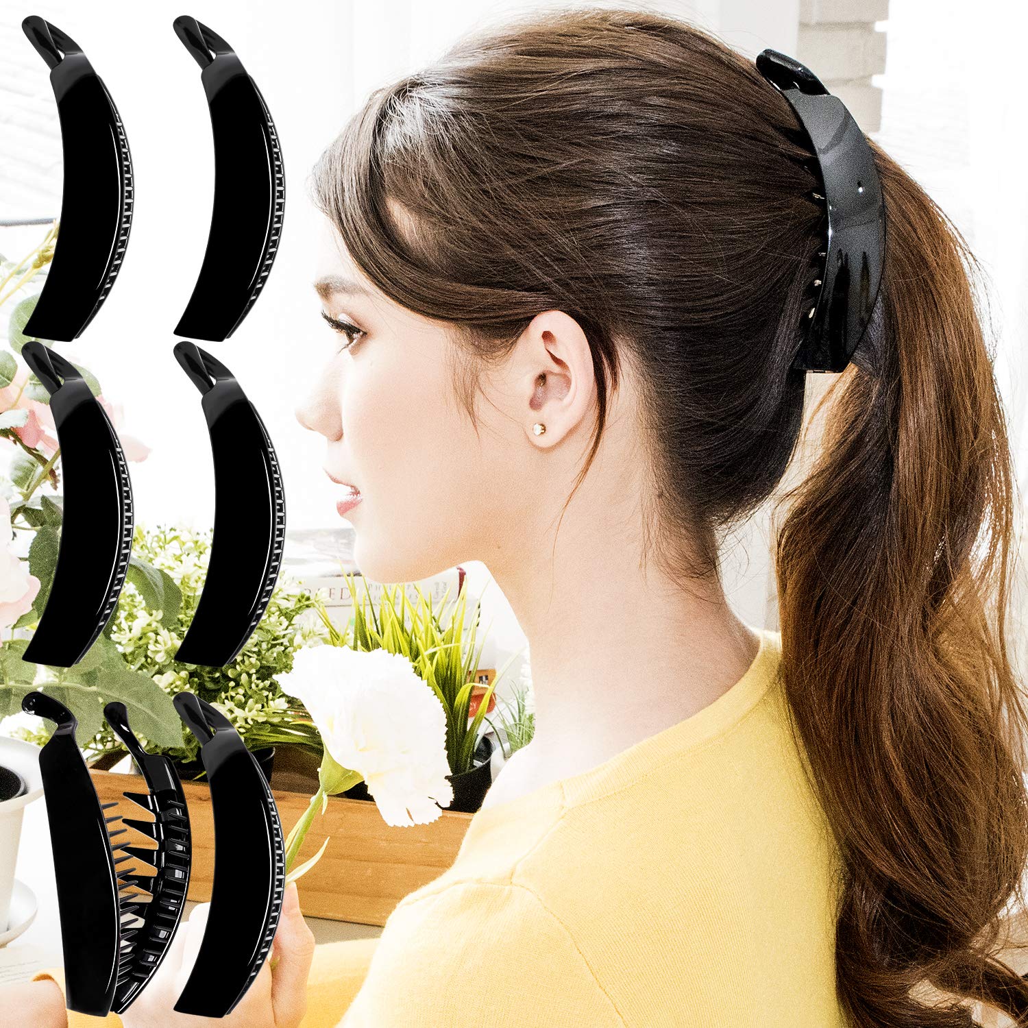 RC ROCHE ORNAMENT 6 Pcs Banana Hair Clips for Women Thick Hair Strong Hold No Slip Ponytail Holder Interlocking Teeth Clamps, Large Black