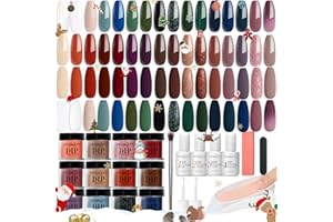 AZUREBEAUTY 42Pcs Dip Powder Nail Kit Starter, 32 Colors Green Nude Brown Blue Christmas Dipping Powder Set with Top/Base Coat & Recycling Tray for French Art Manicure Salon