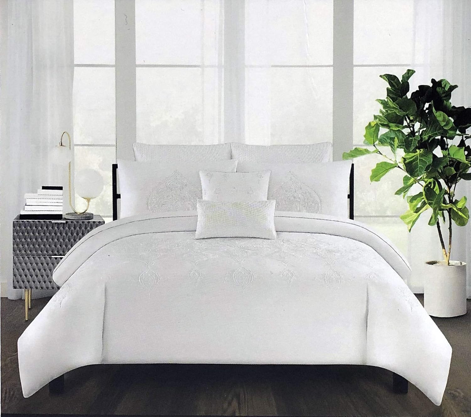 Tahari Home Bedding Full/Queen Size Luxury 3 Piece Duvet Comforter Quilt Cover Shams Set Embroidered White Thread Floral Medallion Pattern on Solid True Snow White - Royal Embroidery
