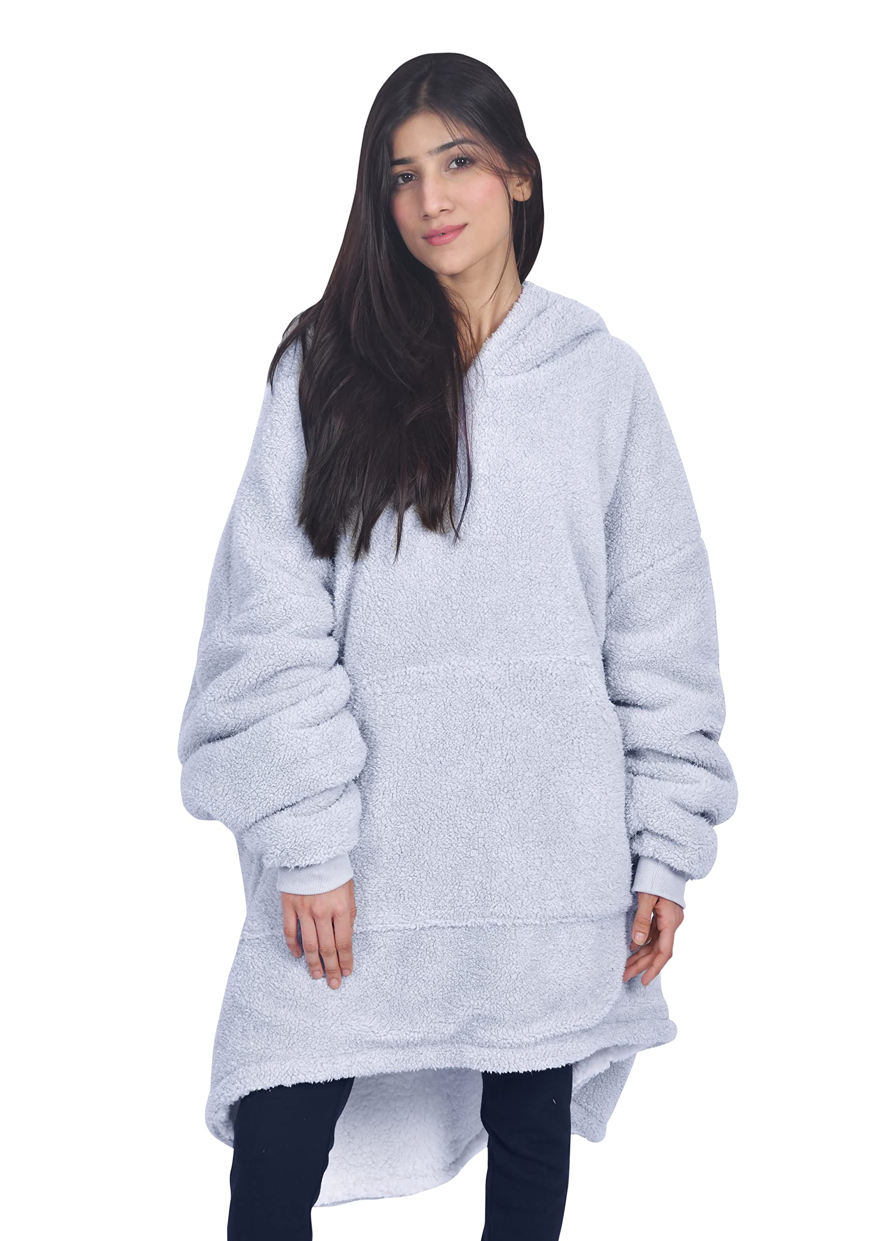 Sleepdown Womens Ladies Glitter Fleece Double Layer Blanket Hoodie Warm Soft Cosy Loungewear - One Size - Light Grey