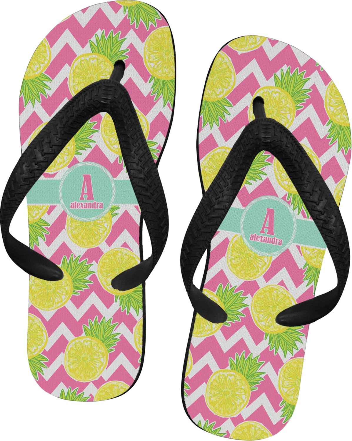 yellow box pineapple flip flops