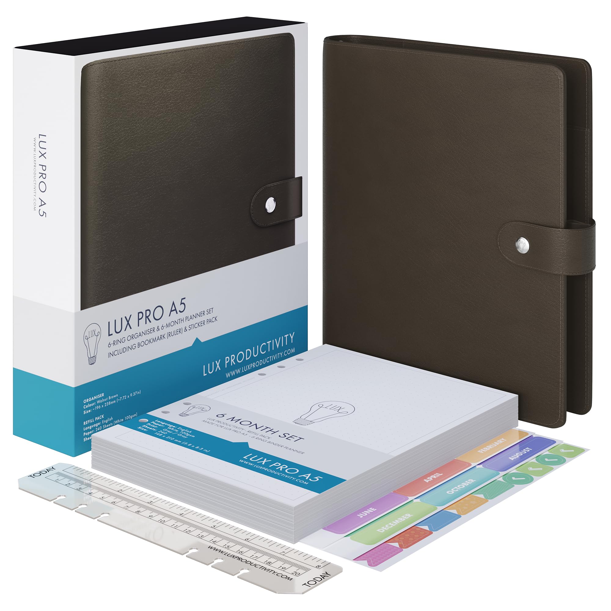 LUX PRO A5 - Daily Planner & appointment diary - Gratitude journal, wellness journal & UNDATED weekly planners and organisers - Desk journals for women & men - LUX Productivity (Brown - Walnut)