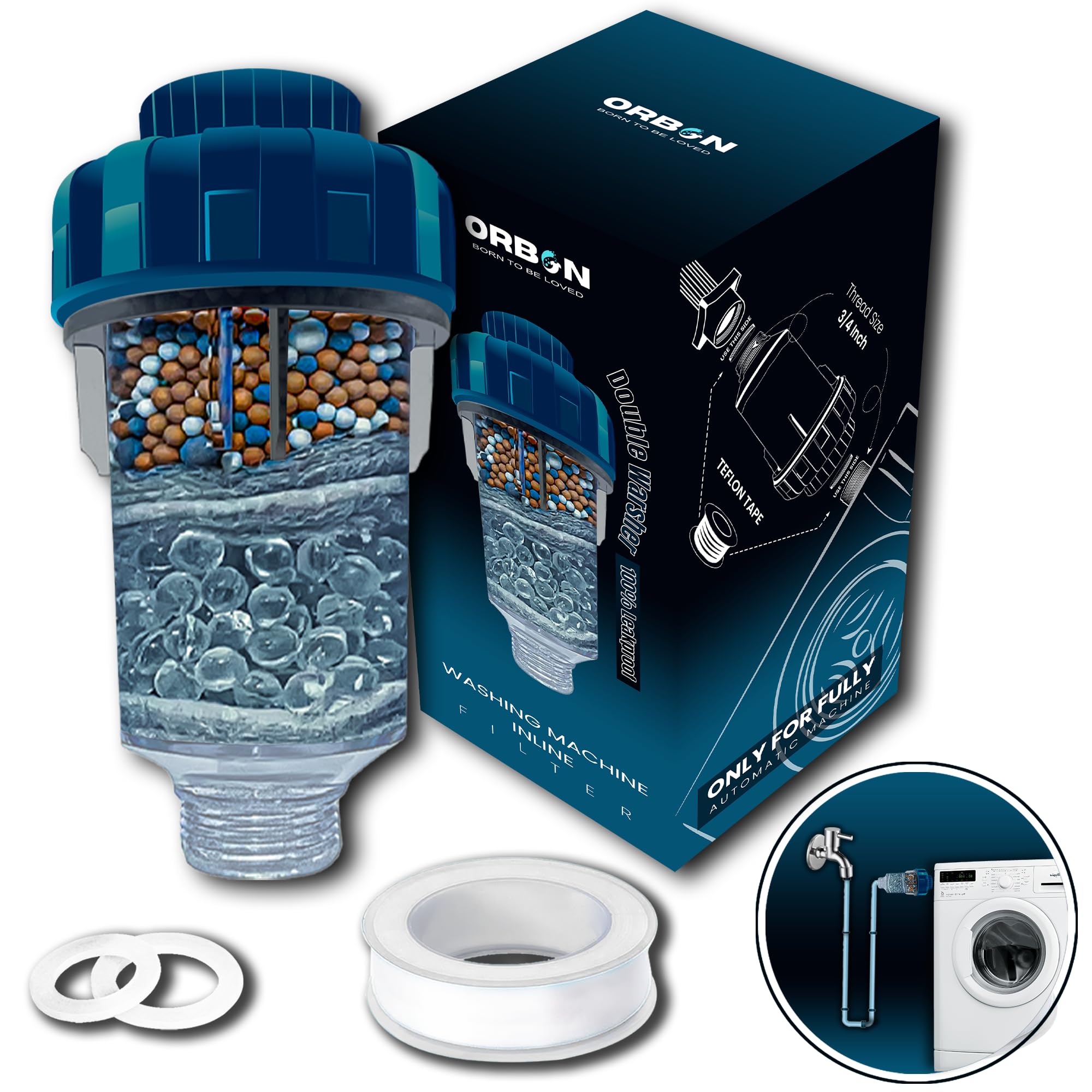 Photo 1 of ORBON Washing Machine Water Filter & Softener | Inline Hard Water Filter with Crystal Resin & Tourmaline Balls | Hose Filter for Washing Machines | 100% Leakproof Design (Only for Washing Machines)