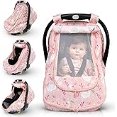 HippoBaby Car Seat Cover for Babies with 100% Cotton Muslin Material | Breathable Carseat Cover for Boys and Girls | Infant Car Seat Canopy for Boys and Girls (Flamingo)