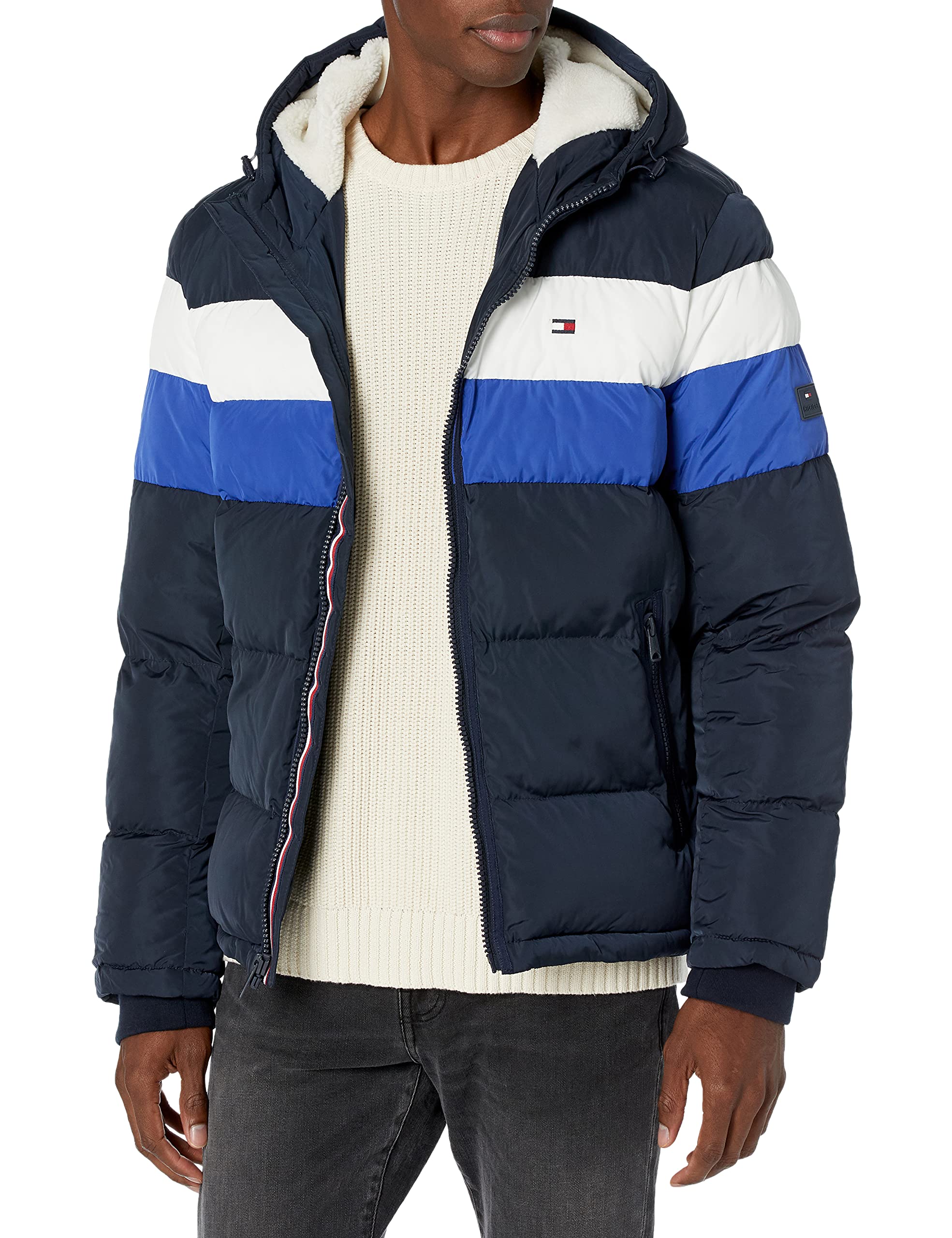 Tommy Hilfiger Men's Classic Hooded Puffer Jacket, Blue Combo Poly Tech, Large Image