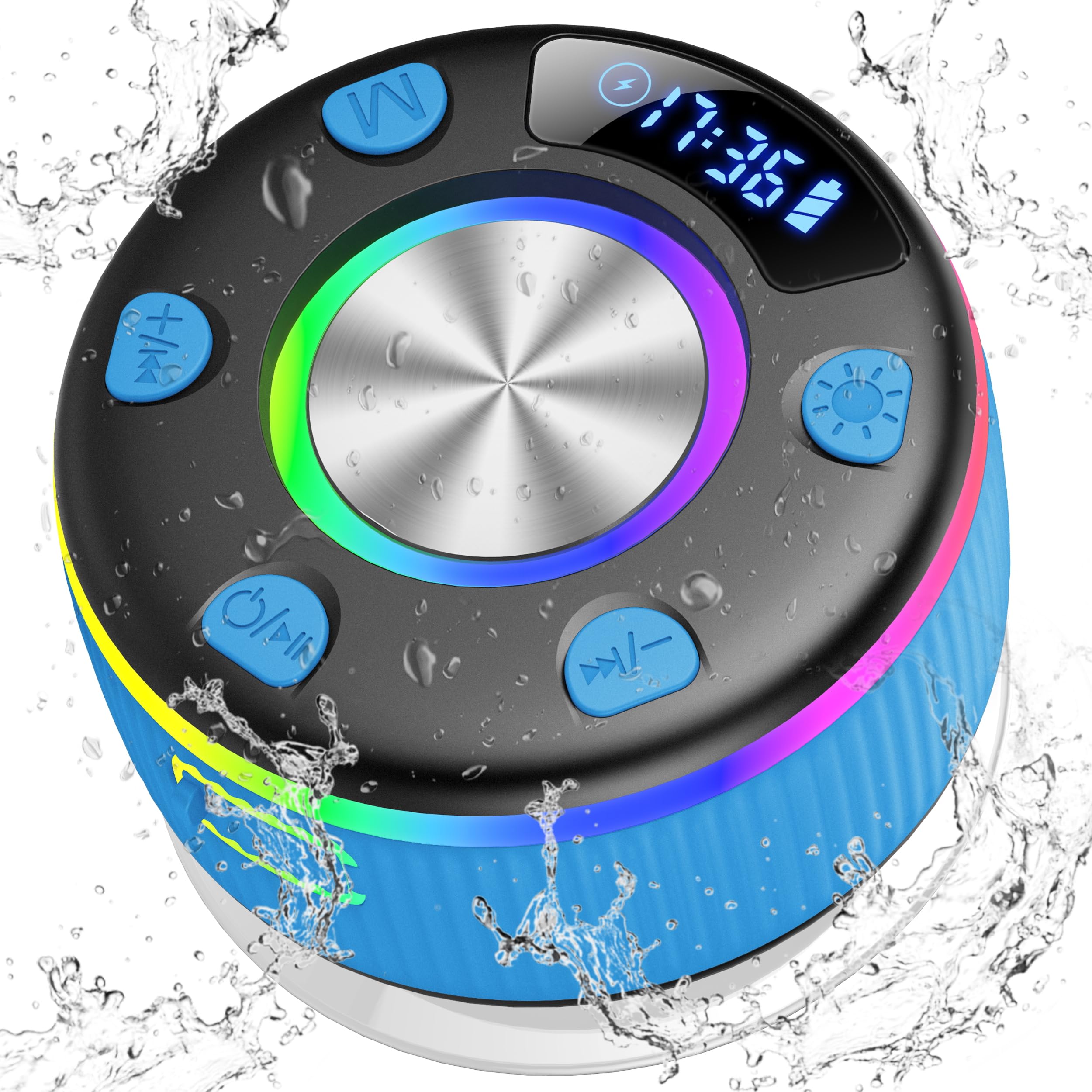 PRSCFUM Bluetooth Shower Speaker, Portable Bluetooth Wireless with Time Display, 2025 IPX7 Waterproof with Lights, Stereo Bass, Bathroom, Party, Travel, Outdoor, Blue