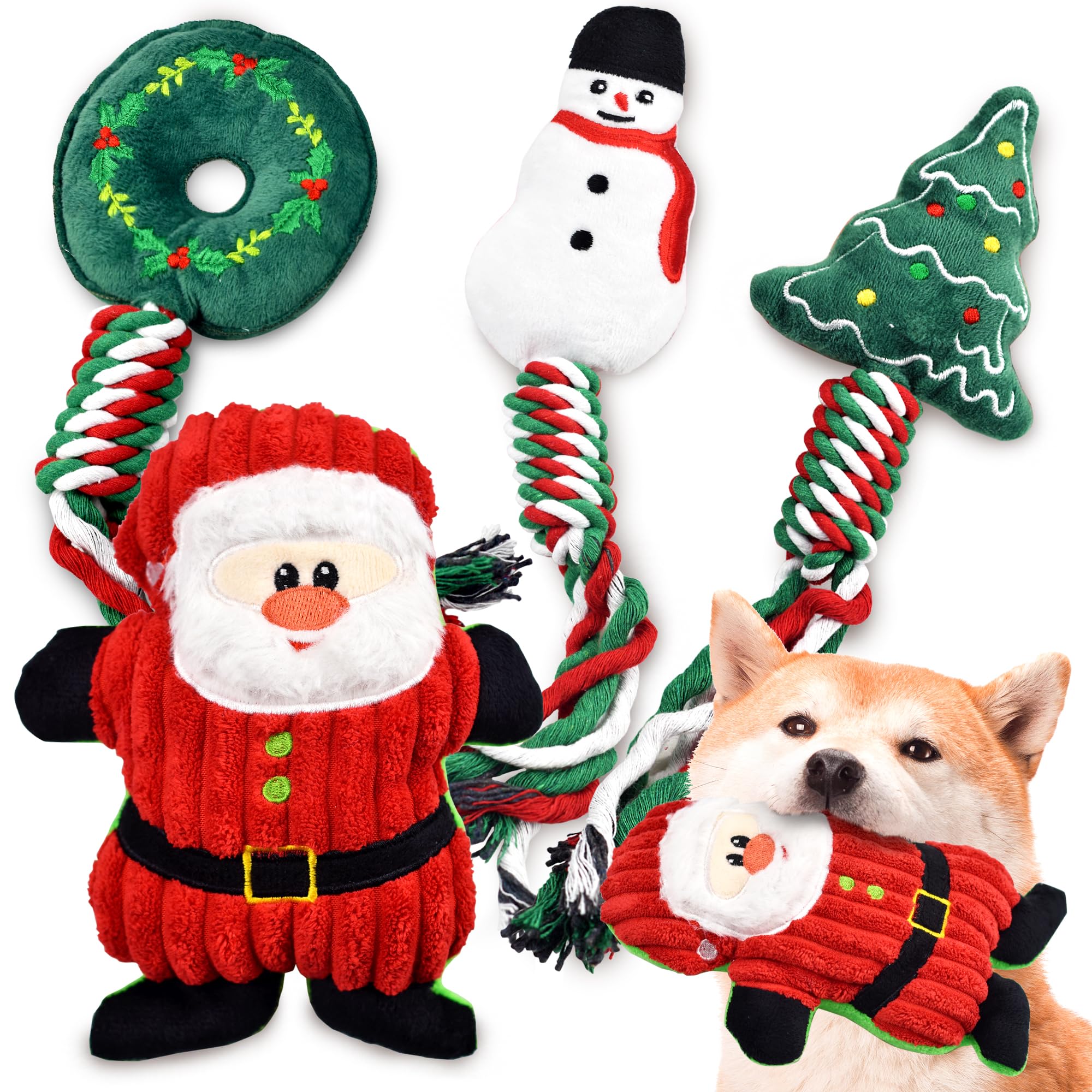 Ousiya Dog Christmas Toys With Squeaker - 4 Pack Plush Interactive Chew Toys for Medium Small Dogs