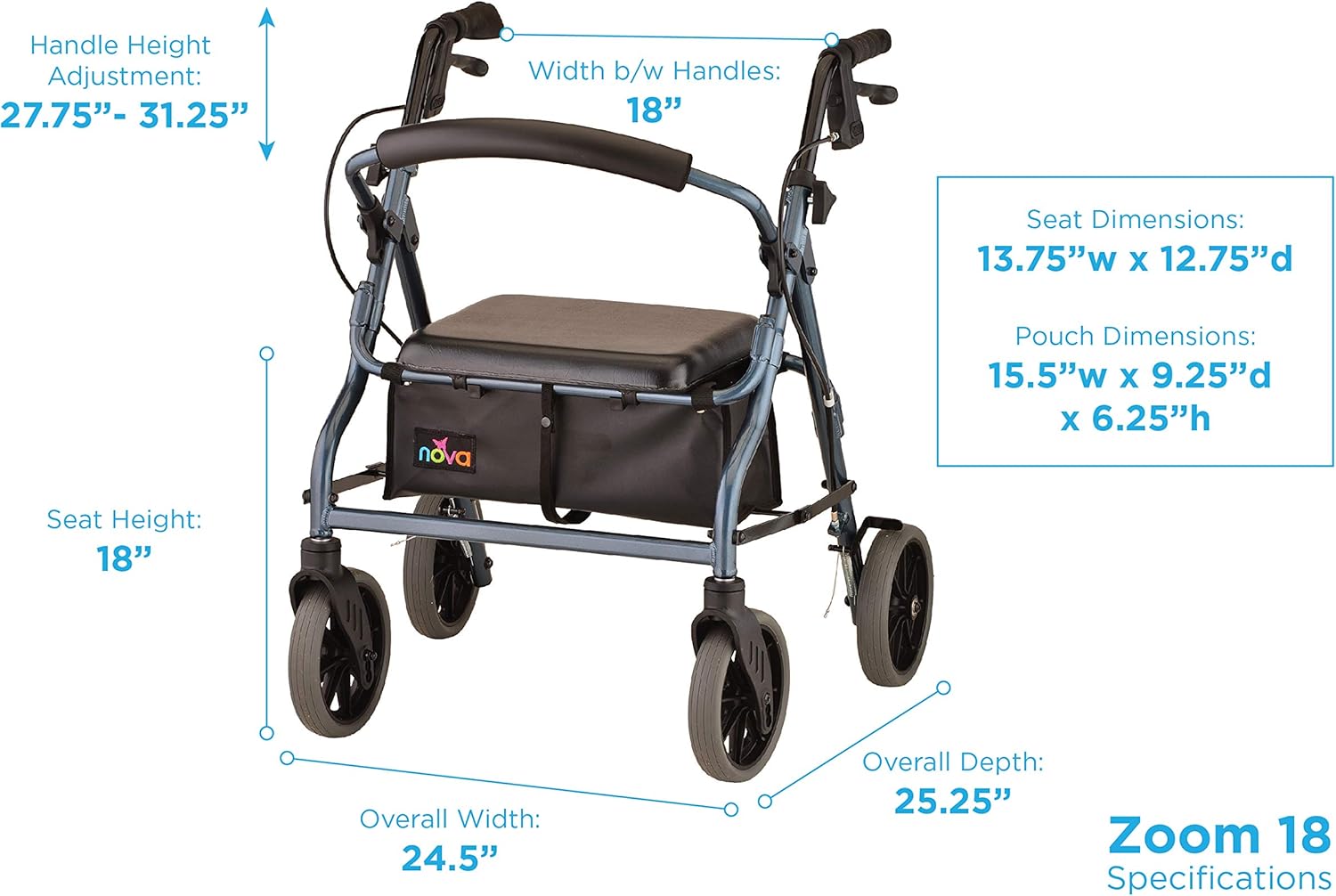 NOVA Zoom Rollator Walker with 18” Seat Height, Blue: Health & Personal Care