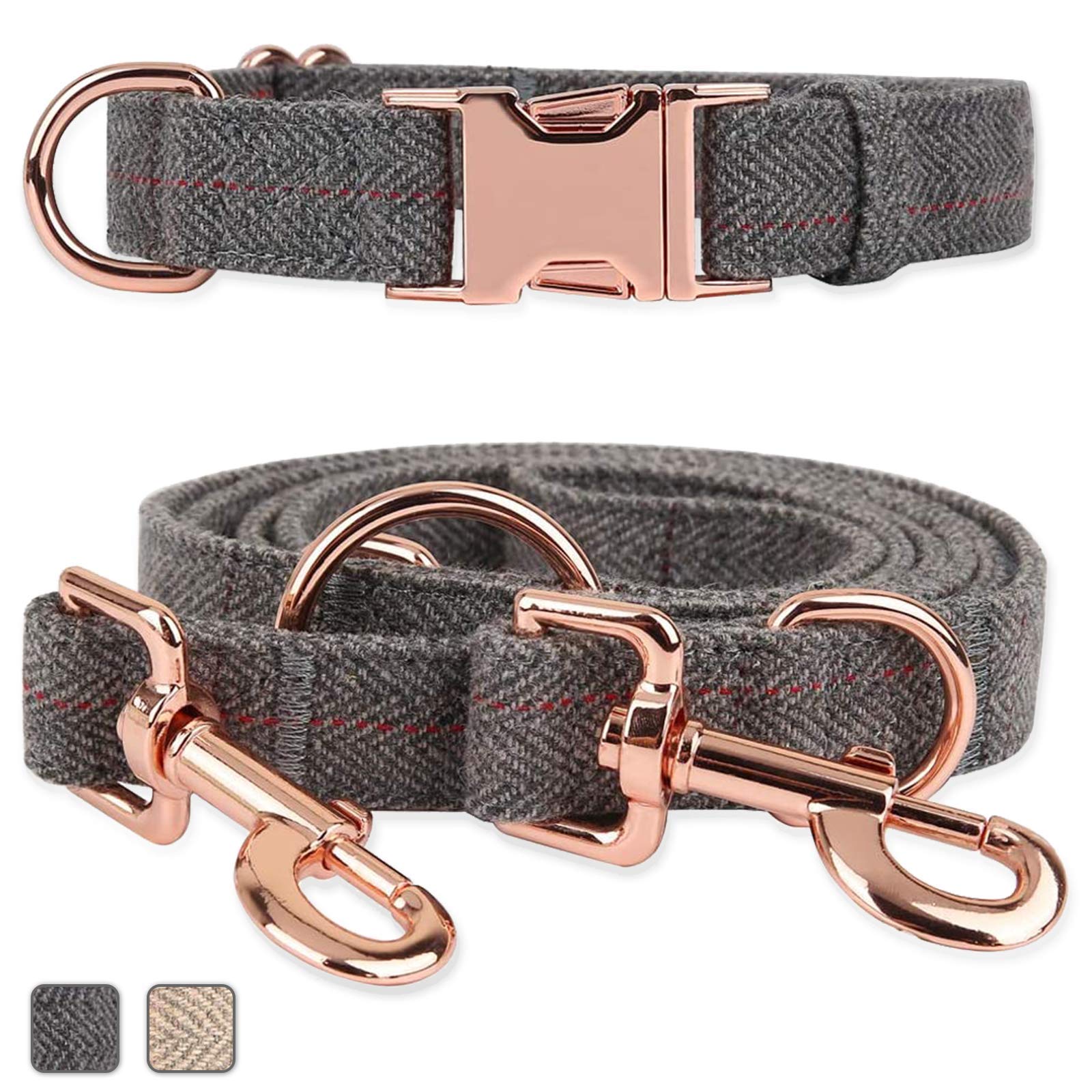 Rose Gold Dog Collar and Lead(2m) Set | Exceptionally Elegant & Adjustable | 3 Adjustable Lengths Dog Leash | Soft and Easy to Clean(Grey;M(13.8"-19.7"))