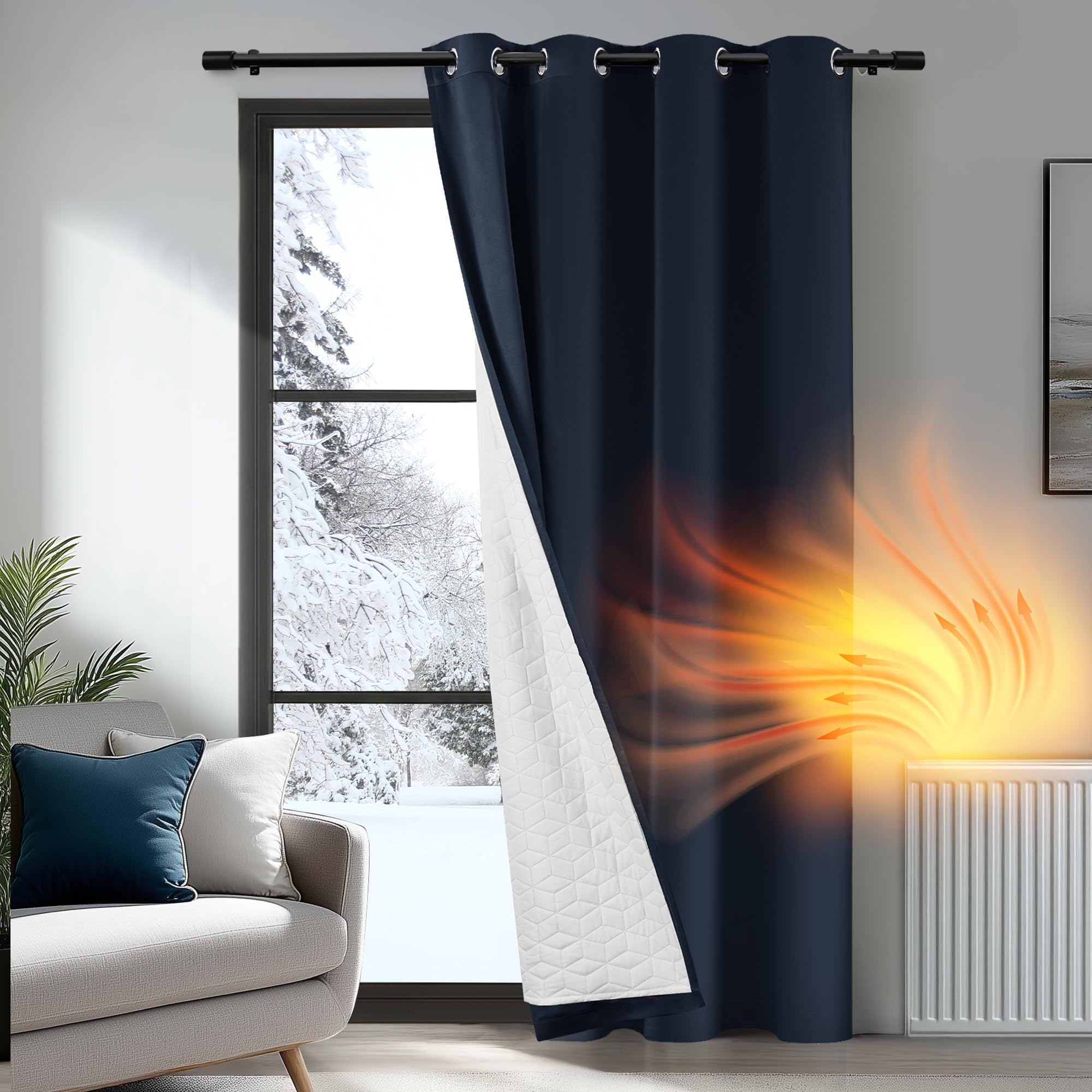 Deconovo Thermal Blackout Door Curtain - 52"x 90" Navy Blue Panel With 2-Layer Eyelet Design, Thick Microfiber Liner, Windproof and Noise Reducing for Big Windows, 1 Panel