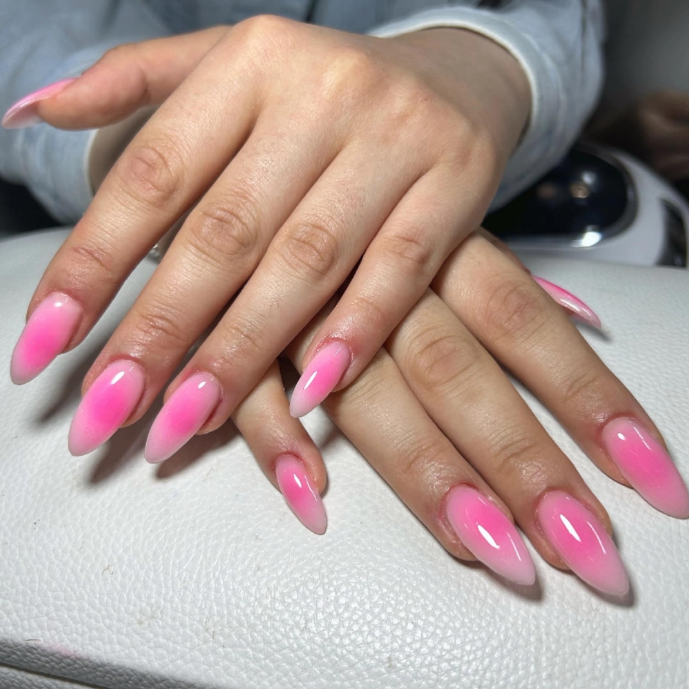 MERVF Almond Press On Nails - Medium Pink Gradient Glue Ons with Aura Design - Stiletto Acrylic Fake Nails - 24pcs Glossy