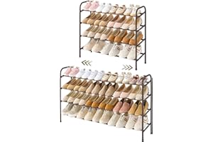 Gewudraw 4-Tier Shoe Rack Expandable, Width Adjustable Shoe Shelf Storage Organizer, 41.53'' Metal Standing Shoe Rack for Bedroom Entryway Closet, Holds up to 24 Pairs Shoes, Brown