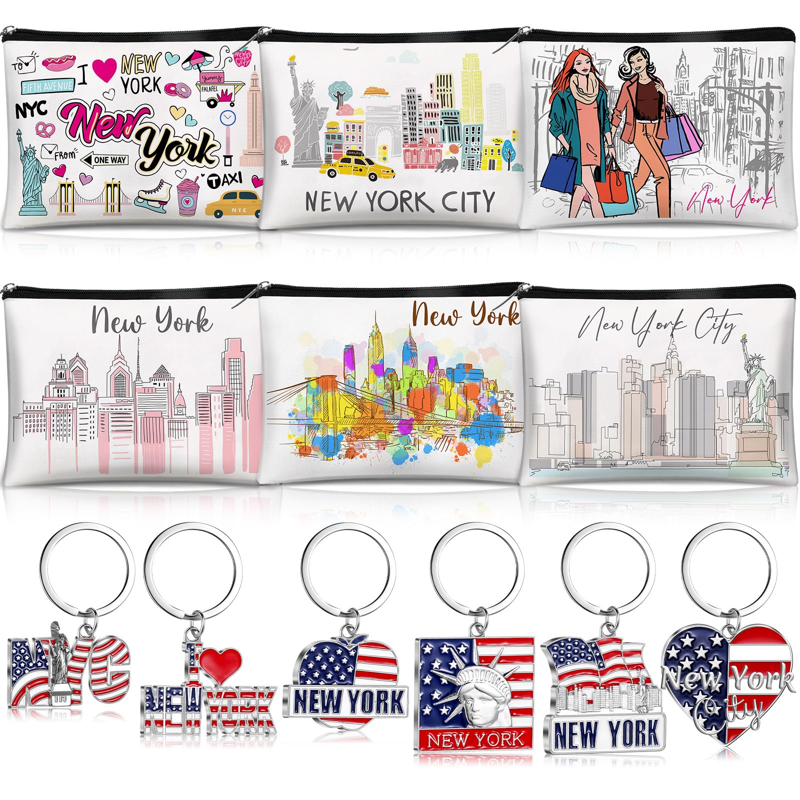 Photo 1 of ***(MISSING PARTS/ NOT A COMPLETE SET)***Landical 6 Sets New York Souvenir Gifts Include 6 Pcs New York Cosmetic Bag and 6 Pcs Metal Keychain for Women Traveler Christmas Party Gifts