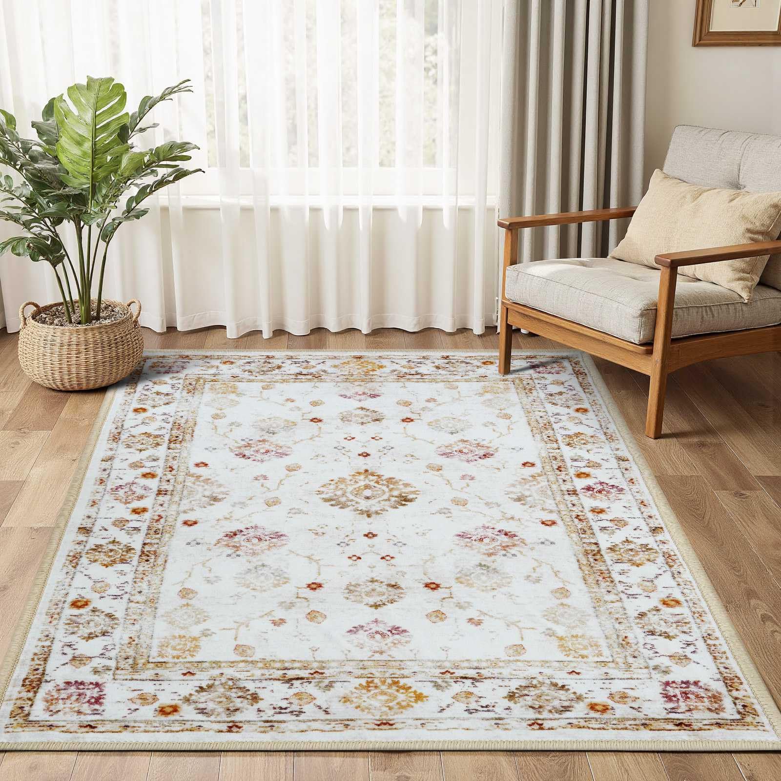 Photo 1 of FinRe?c 3x5 Rugs for Living Room, Washable Vintage Floral Bedroom Rug, Non-Slip Low Pile Area Rug, Ultra-Thin Foldable Accent Indoor Carpet for Entrance Kitchen Dining Kids Room Home Office - Gold