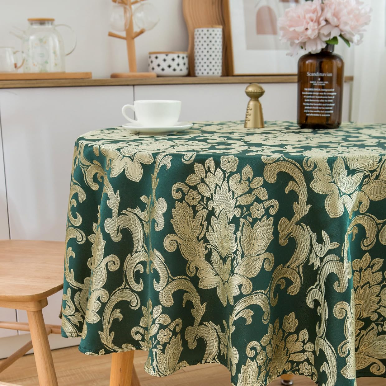 SPRICA Round Jacquard Tablecloth 200cm Classic Flower Pattern Thick Heavy Weight Soft Table Cover, Machine Washable, Golden Green