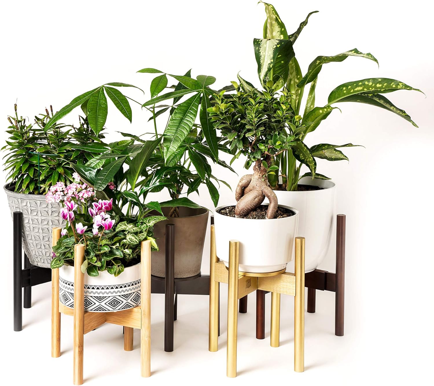 ZPirates Gold Plant Stands for Indoor Plants, with Planter Tray, Adjustable Size Fits 8 9 10 11 12 Inches Small - Large Pots - Mid Century Bamboo Wood Plant Shelf and Flower Holder : Garden & Outdoor