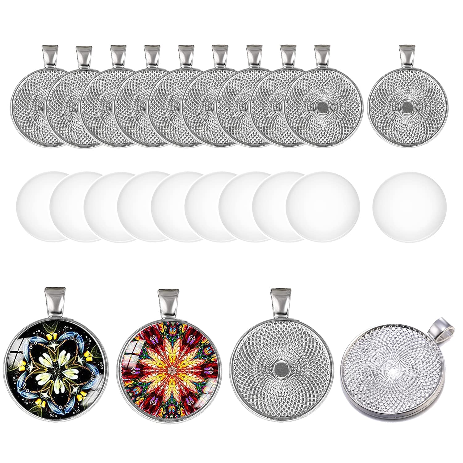 HERZWILD 20 Sets Round Bezel Pendant Trays, Alloy Diameter 25mm with Transparent Glass Cabochon Settings for Cameo Photo Necklace Jewelry Making. (Silver B)