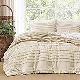 BEDELITE Boho Comforter Set Queen Size, Beige Tufted Striped Bed Set 3 Pieces, Soft Cream Vintage Farmhouse Comforter for All Seasons, Boho Home Decor,Fluffy Jacquard Bedding with 2 Pillow Shams