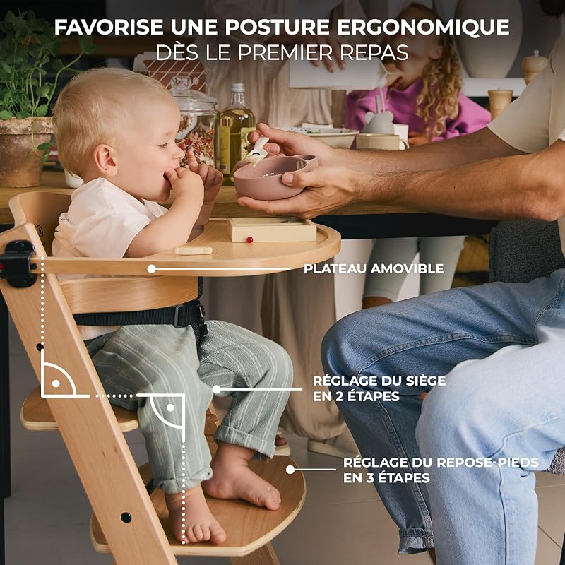 Kinderkraft ENOCK Chaise Haute Bébé + Transat CALMEE, en Bois Naturel, Chaise d'alimentation, Évolutive, Réglable, Puericulture Bébé, Très Solide, Design Universe