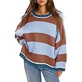 Fisoew Womens Oversized Sweaters Casual Long Sleeve Striped Color Block Crewneck Knitted Loose Fall Pullover Tops