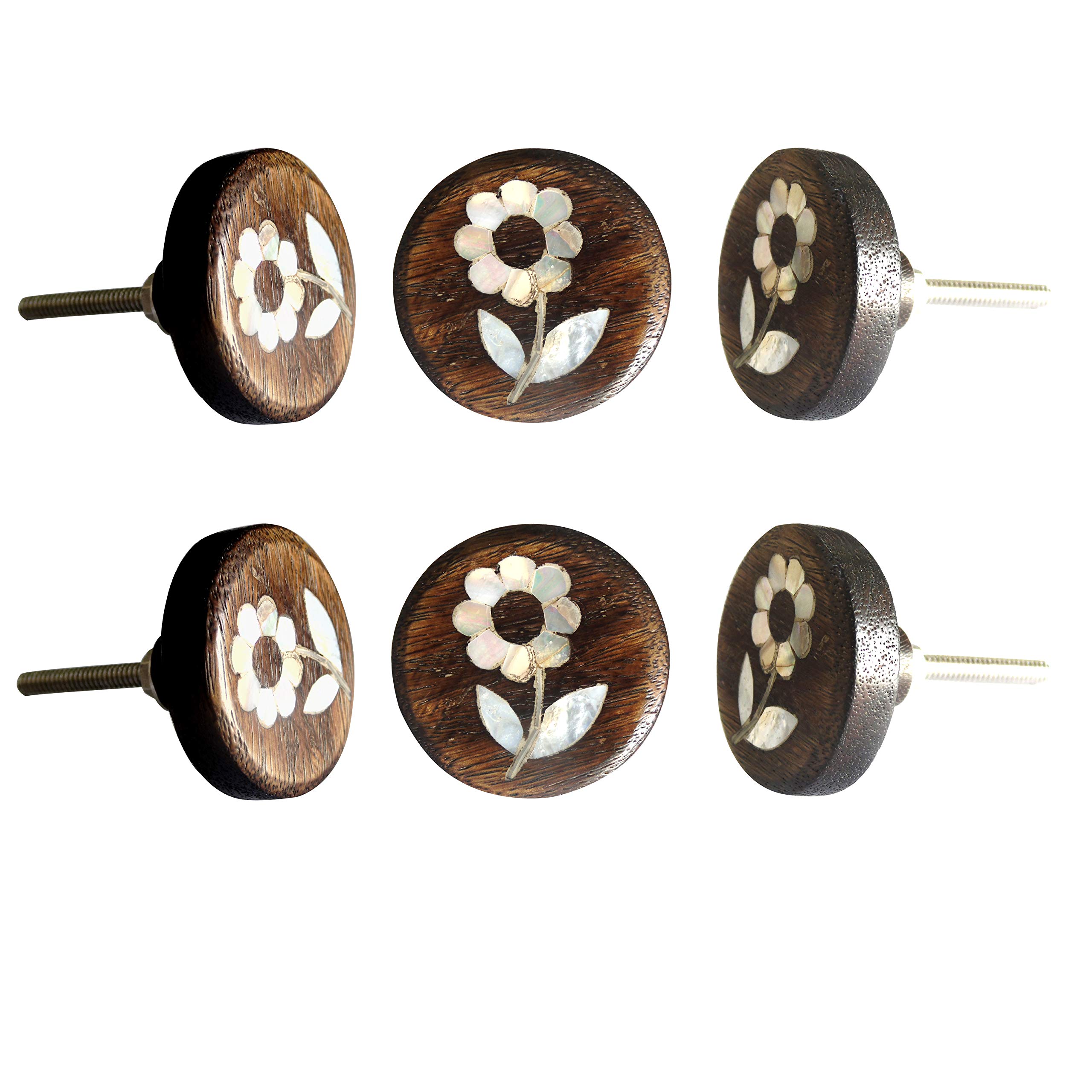 Perilla Home Set of 6 MOP Daisy Flower Wooden Knob Decorative Antique Vintage Pull for Drawer Cupboard Cabinet Drawer Dresser Bedroom Bathroom Kitchen Wardrobe Dresser