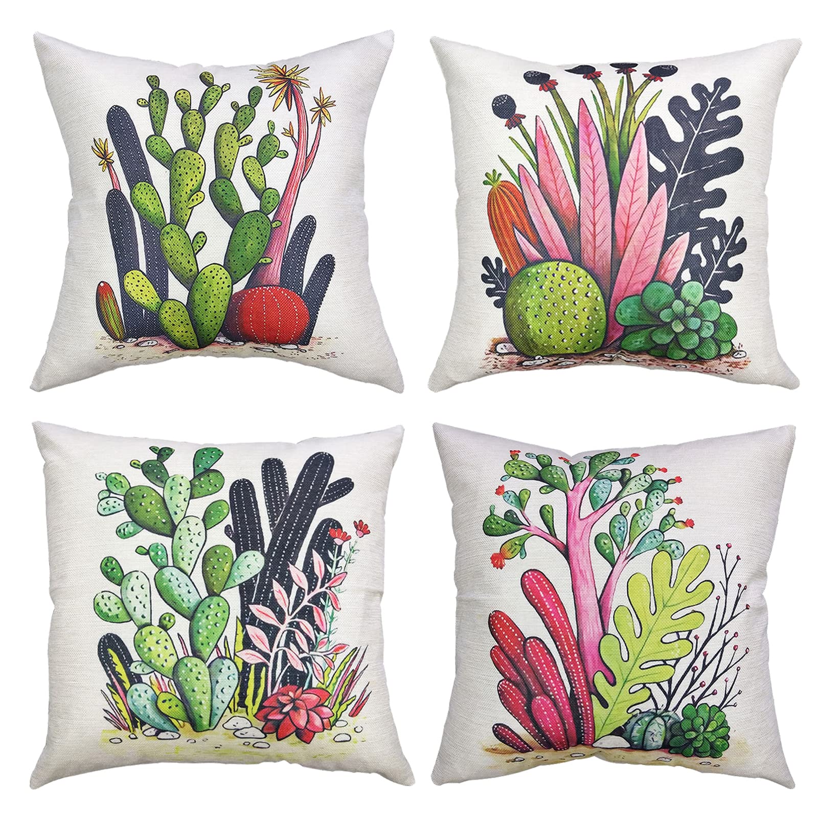 OCEUMACO Linen Cushion Covers 45 x 45 cm for Sofa Bedroom Set of 4 Square Cactus Throw Pillow Cases 18x18 Inches Outdoor Decorative Floral Plants Cushion Cover Pack for Home Decor - Green