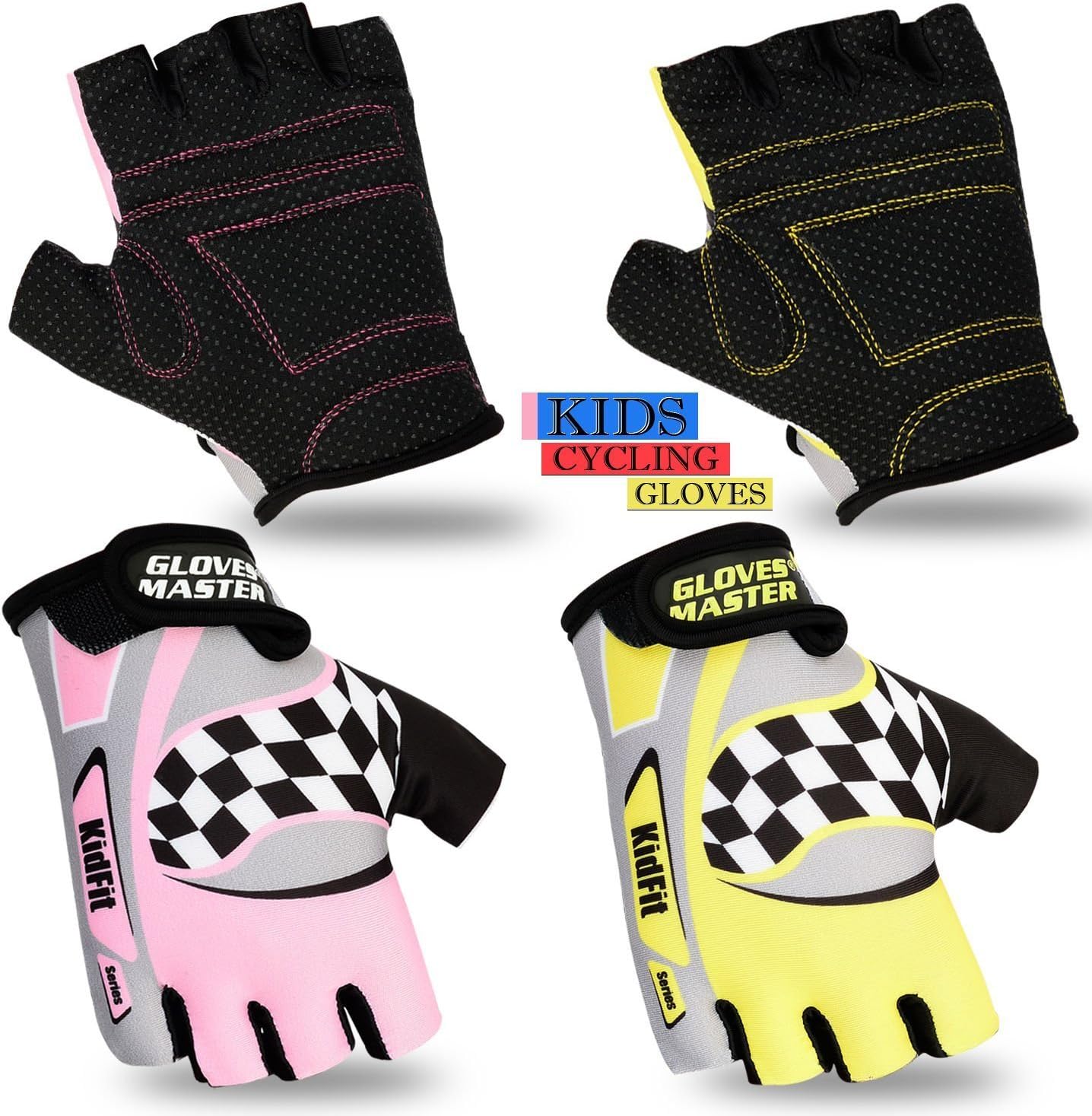 Children Cycling Gloves Padded Kids Bicycle BMX Half Finger MTB Cycle Gloves Kids Cycling Protective Gear (Fluorescent, XXXS = 7" (Age 6 to 8))
