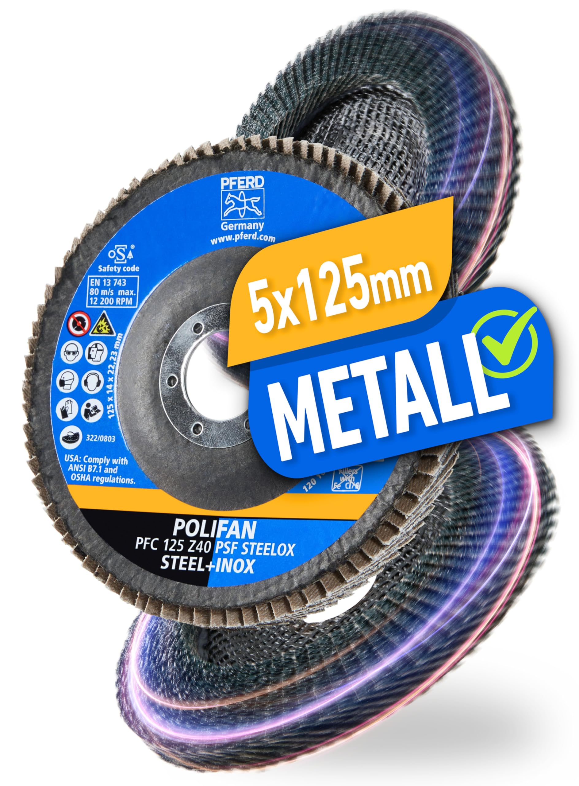 PFERD Polifan Serrated Washer Pack of 5 | Diameter 125 mm, Z 40, Conical, PSF Steelox | 69398192 - for Steel and Stainless Steel (INOX)