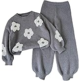 SHENHE Girl's Knit Set 2 Piece Fall Outfits Floral Crewneck Sweater Jumper and Joggers Pants Set