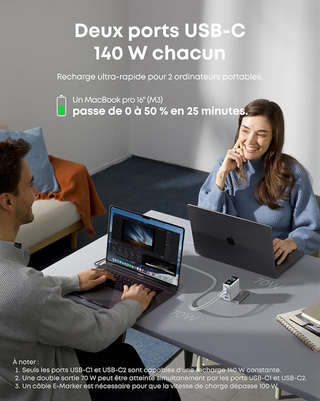Chargeur USB C 140W, Adaptateur Ordinateur 4 Ports, Rapide, Compact