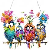 pudinbs Bird Diamond Art Kits for Adults, Acrylic Hanging Suncatcher | Four colorful birds, double-sided acrylic design, special shaped diamonds, hanging chain, and complete DIY craft tools.