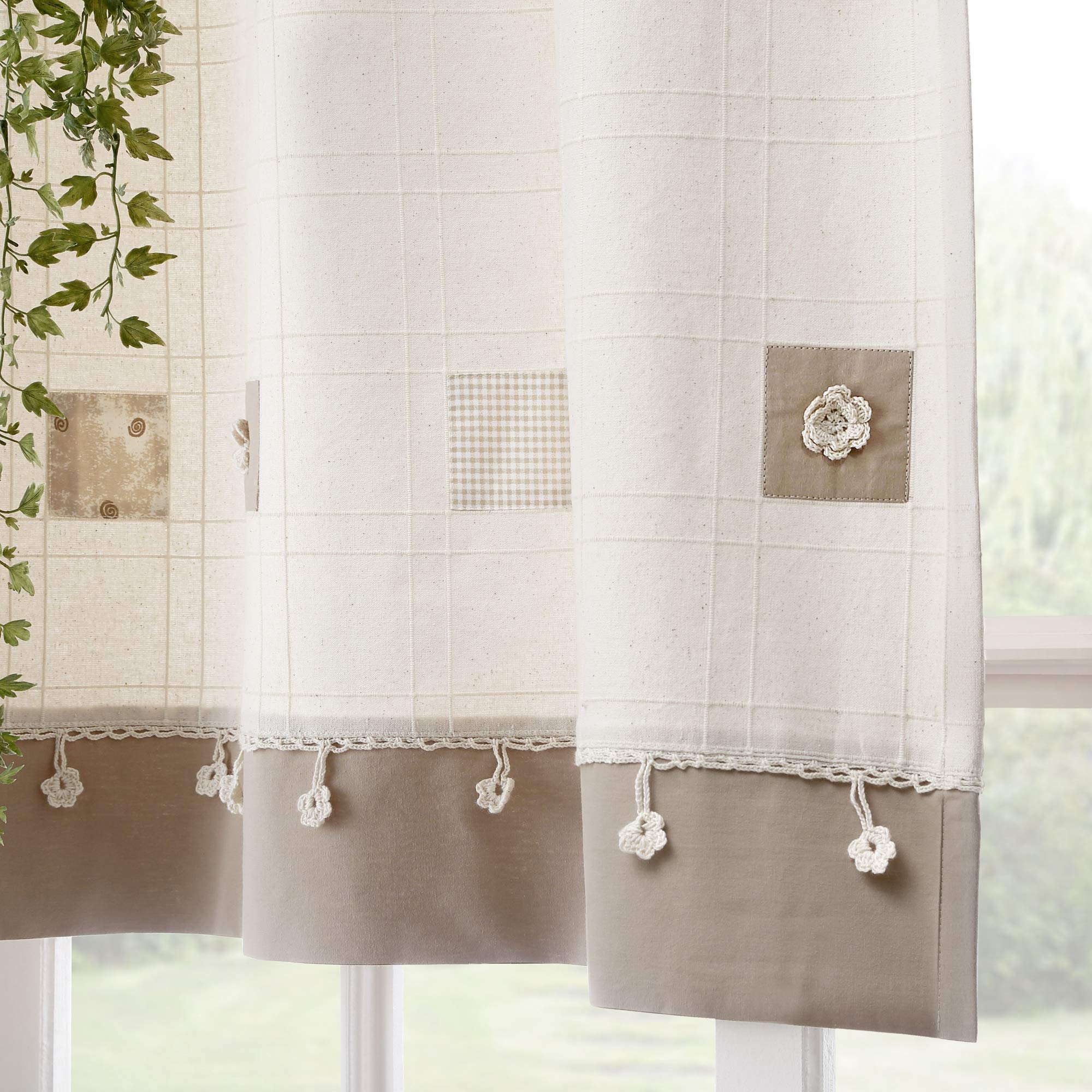 Stanley Hamilton Curtains, Tab Top Heading, Room Darkening, Hand Embroidered Panel Curtains, Cottage Collection with 4 different sizes (Natural Beige/Coffee, 228 W x 228 D cm Panel Size)