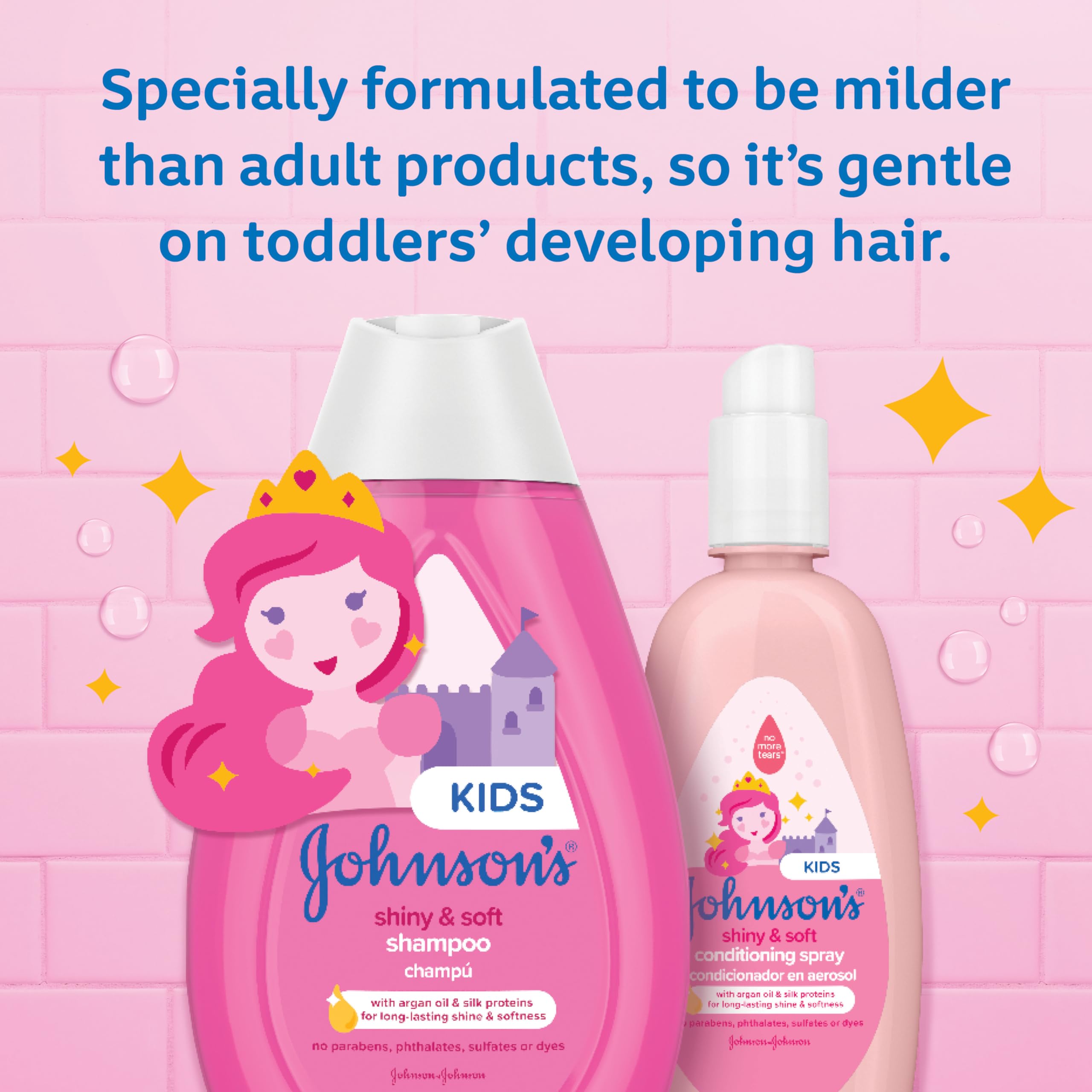 Johnson's Baby Shiny & Soft Tear-Free Conditioning Spray, Paraben- & Sulfate-Free with Argan Oil & Silk Proteins for Toddlers' Hair, Hypoallergenic, 10 fl. oz (Pack of 2)