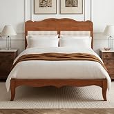 MFSTUDIO Wood Bed Frame Queen Size with Adjustable Rattan Headboard | Solid Wood Bed Frames with Rattan Headboard, Queen Size Platform Bed Frame, Vintage Wood Bed Frame No Box Spring