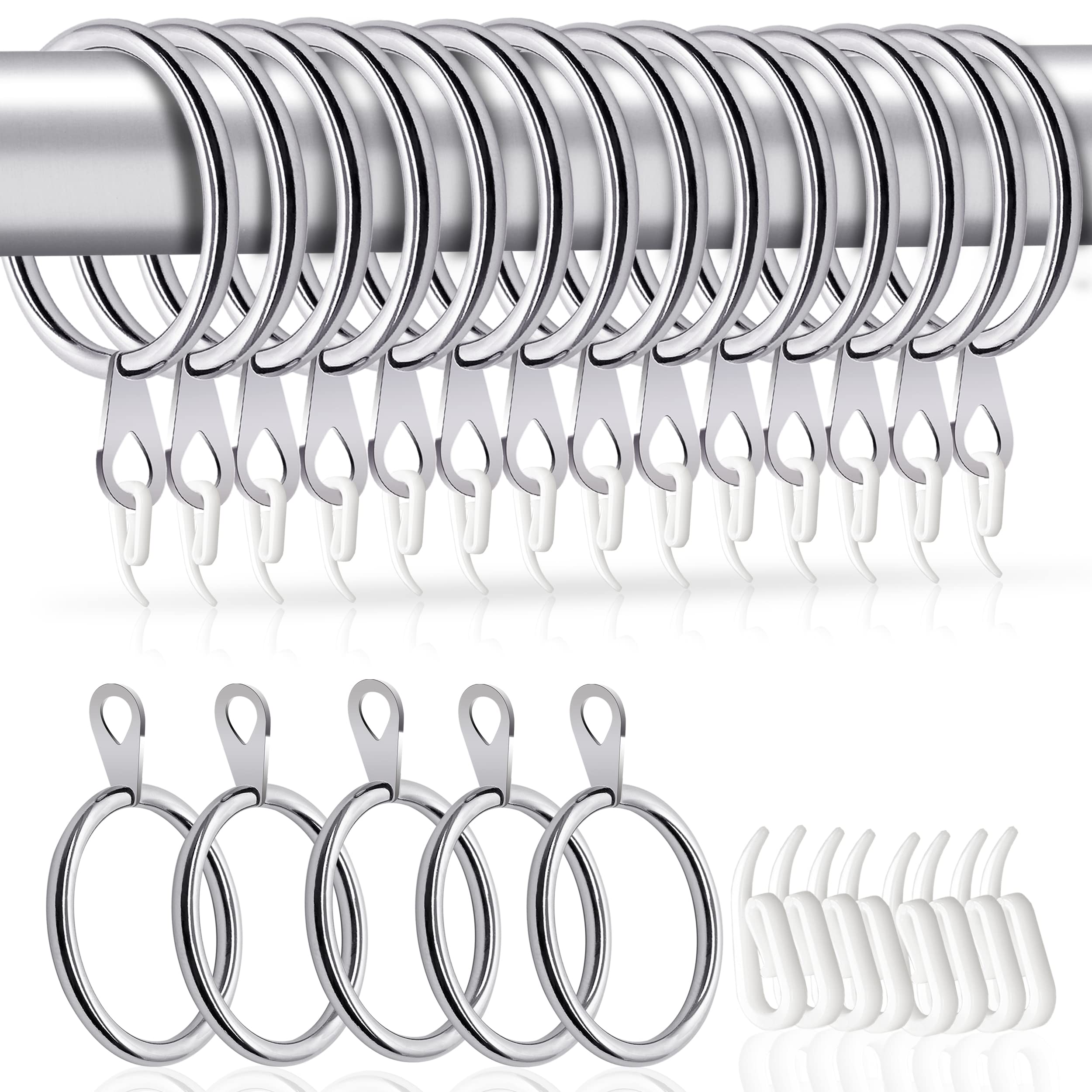 Curtain Rings and Hooks 50 Pcs โ Bigger Curtain Rings Metal with 38mm Inner Diameter & Eyelets for Shower Curtains, Decorative Drapery โ Durable Curtain Pole Rings & Plastic Hooks- Silver