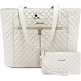 LOVEVOOK Laptop Bag for Women 17 inch,Diamond Quilted Work Tote Bags Womens Laptop Tote Bag Computer Shoulder Bags,Stylish Travel Tote Bags Laptop Purse Briefcase Handbag with Clutch Purse,Off-white